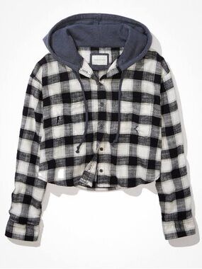 AE Plaid Hooded Cropped Flannel Shirt